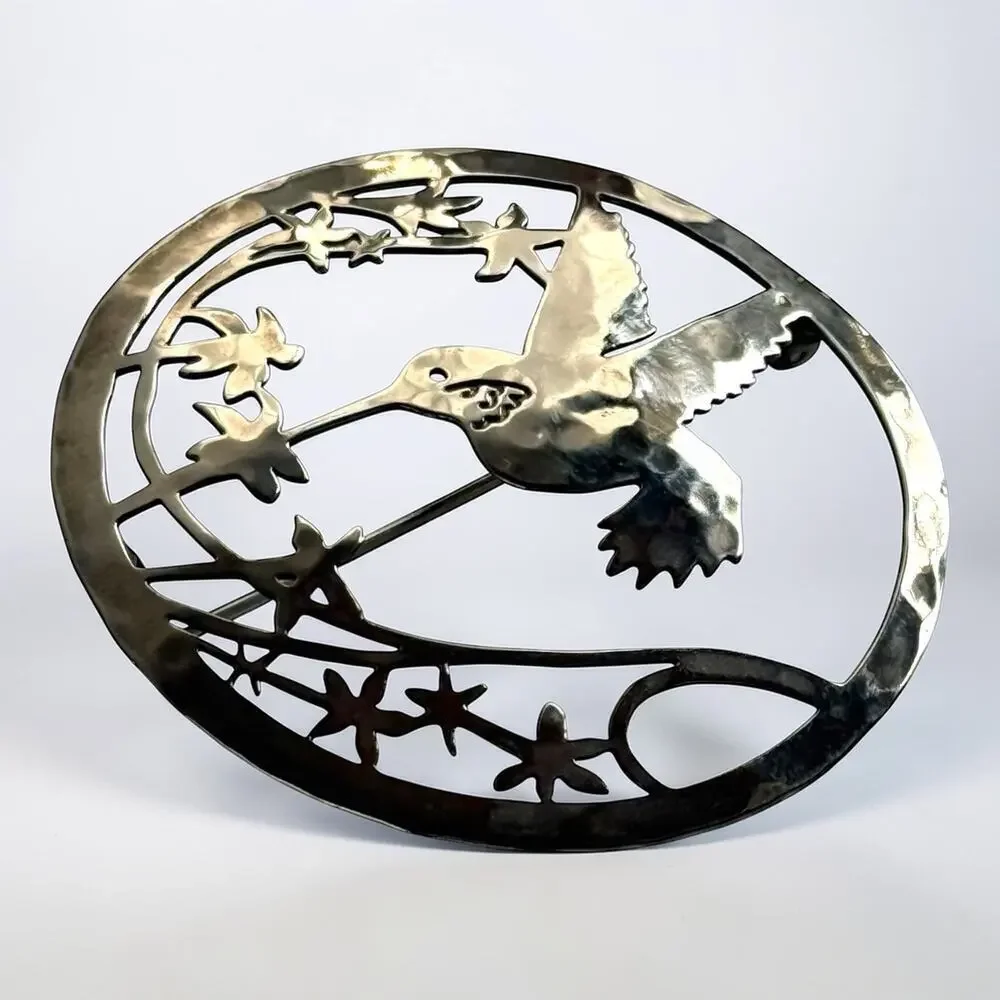 Wild Bryde Hummingbird Brooch Hammered Silver Tone Modernist Bird Circle Pin